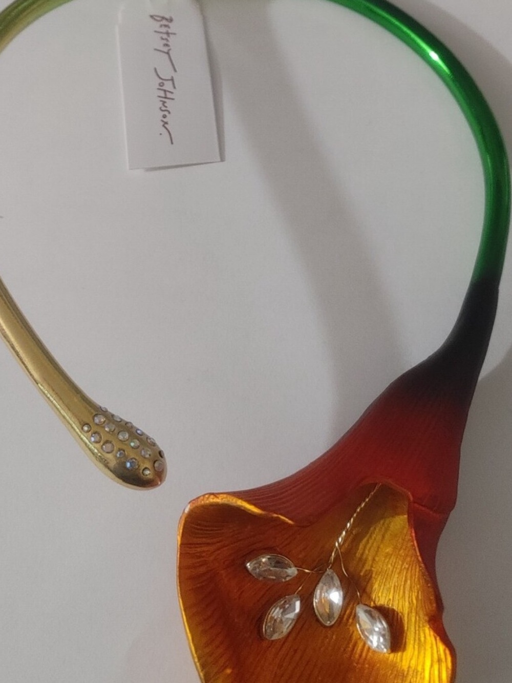 Betsey Johnson Orange Calla Necklace with Green Stem and Gold Accents